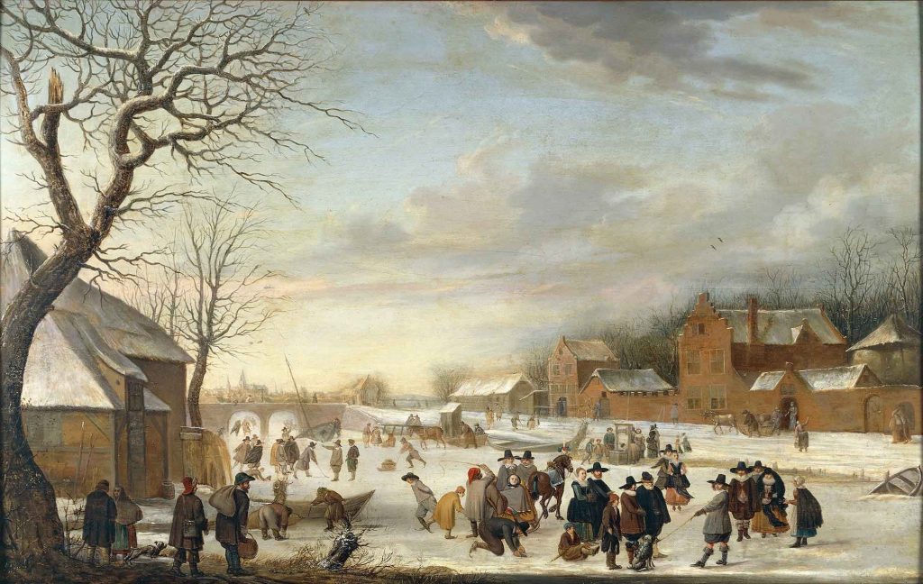 Paesaggio invernale con pattinatori