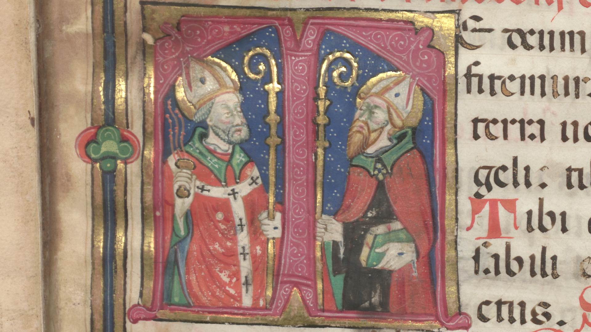 <p>Capolettera miniato con i santi Ambrogio e Agostino, da Salterio Ambrosiano del sec. XV (1420), Biblioteca Ambrosiana, A 109 inf., f. 1r.</p>
