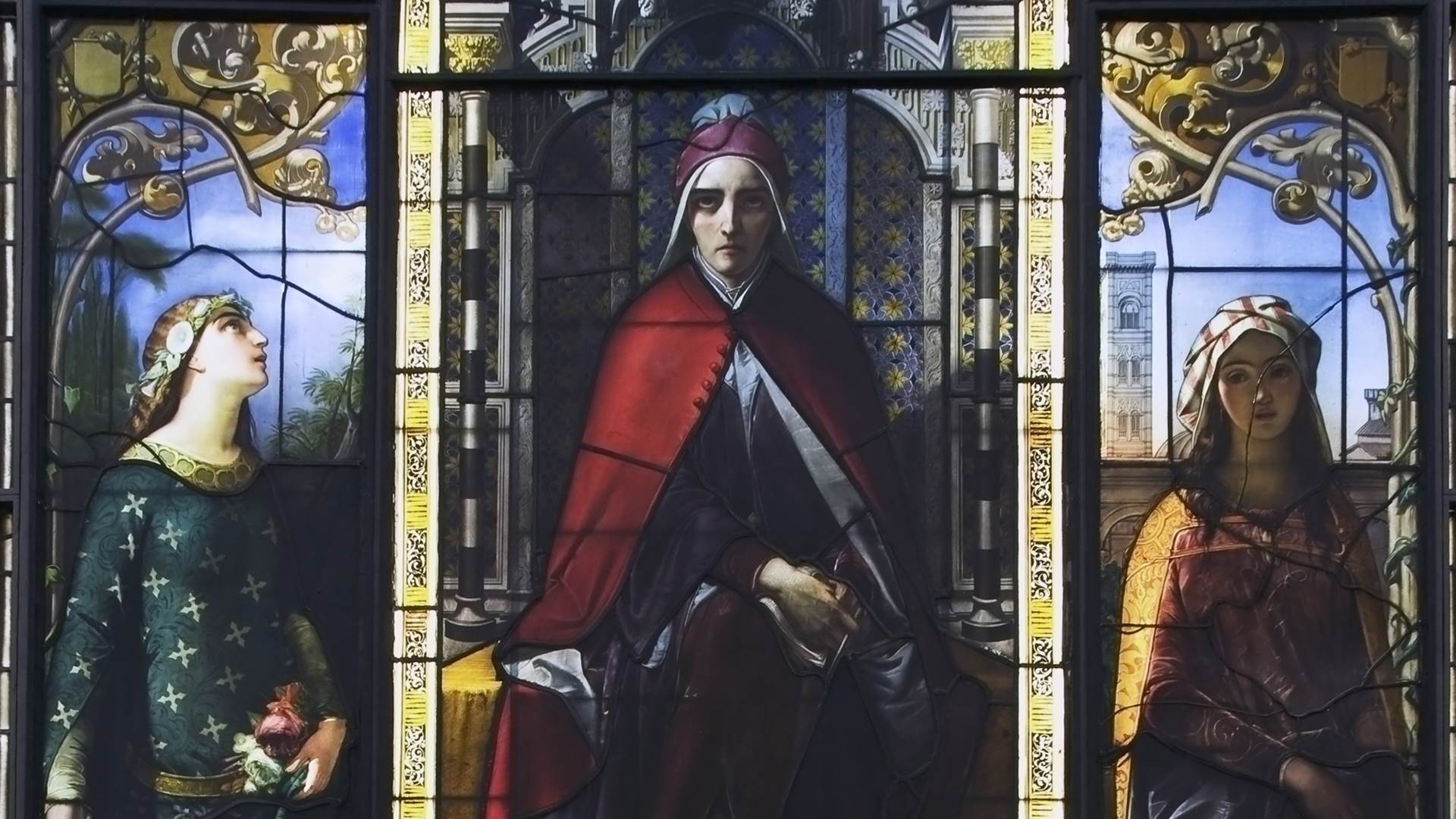 <p> Dante between Beatrice on the left, and Mathelda, on the right. Detail from the Stained glass window with scenes from Dante, 1851, Giuseppe Bertini (1825-1898)</p>
